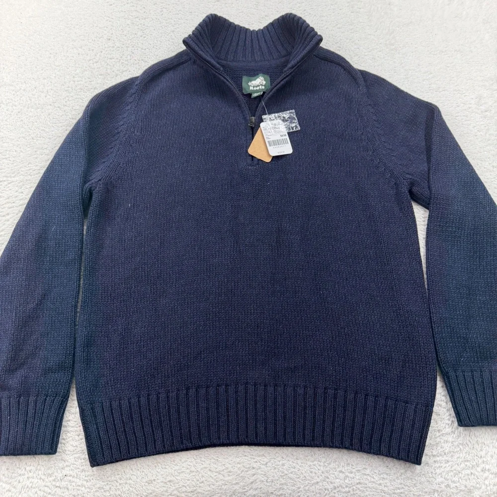 NWT Roots Robson Relaxed Stein Navy Blue‎ Organic Cotton Quarter Zip Sweater M